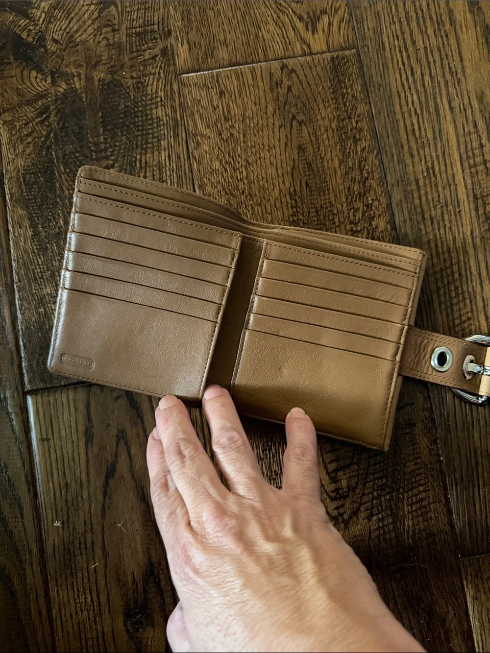 COACH Leather Wallet with Silver Buckle - Beige